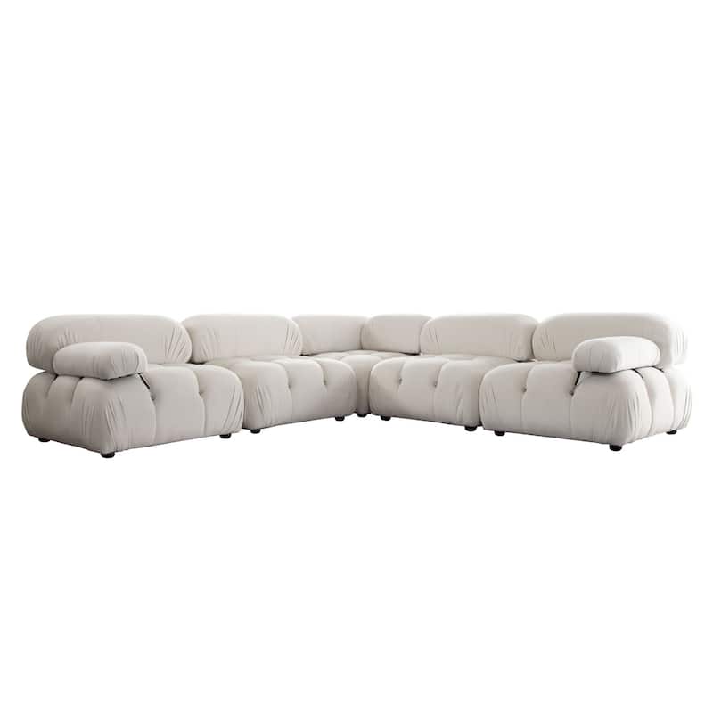 Hito 5 Piece Modular Sectional L Sofa Set, Light Cream Bubble Grid Tufting