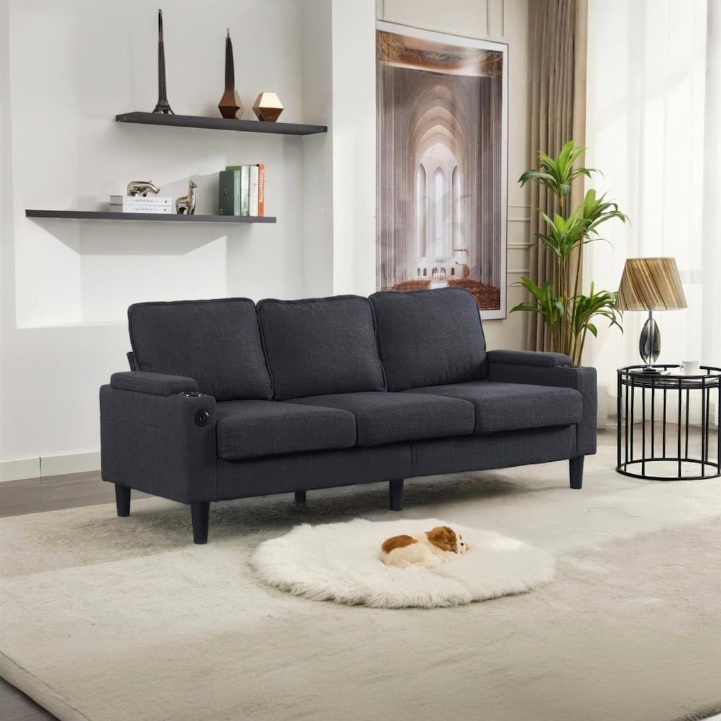 L Shaped Sectional Sofa with Storage Ottoman, Upholstered 3-Seater Sofa with USB Port, Cup Holders & Side Pockets