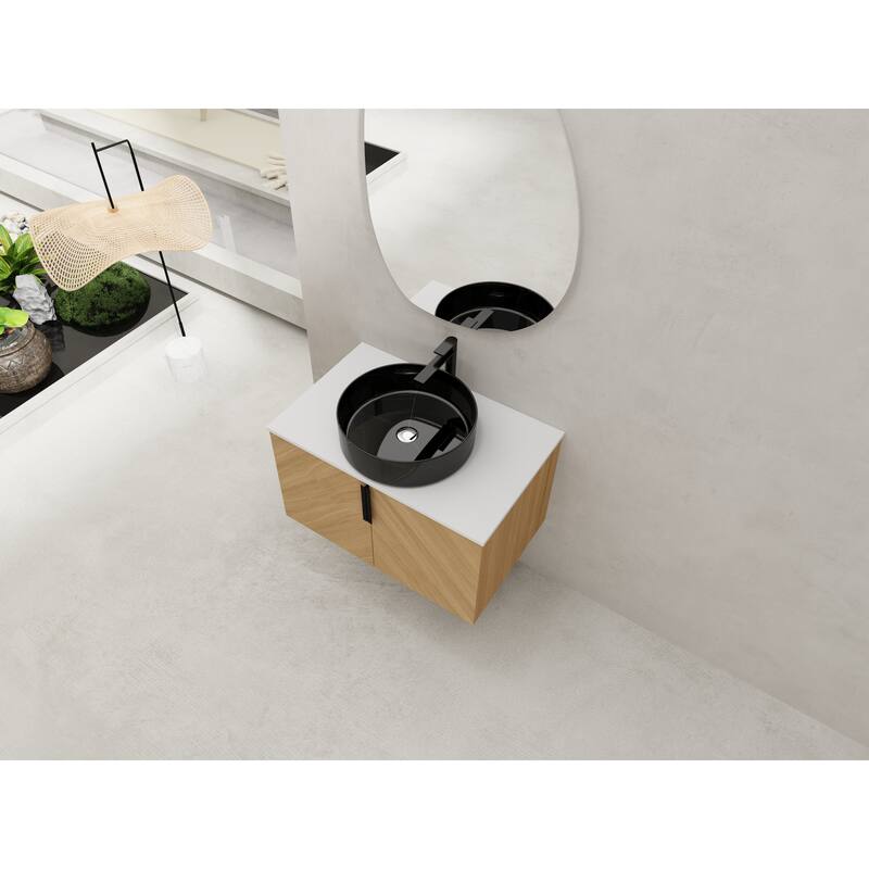 30" Bathroom Vanity with Matt Black Engineered Quartz Sink and Soft Black Drawers, Wall Mounted Floating Bathroom Vanity