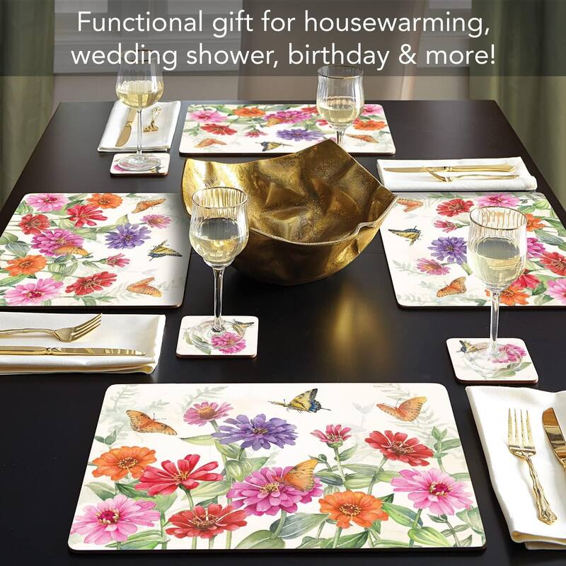 Zinnias & Butterflies Decorative Hardboard Cork Back Tabletop Placemats 4 Pack Manufactured in The USA Heat Tolerant