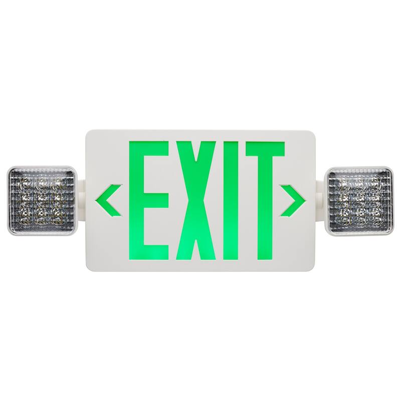 Combination Green Exit Sign/Emergency Light 90min Ni-Cad backup 120/277V Dual Head - White