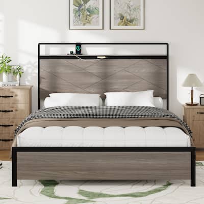 Bed frame queen size, bed frame with storage LED light headboard and 2 USB, no noise, no spring mattress require