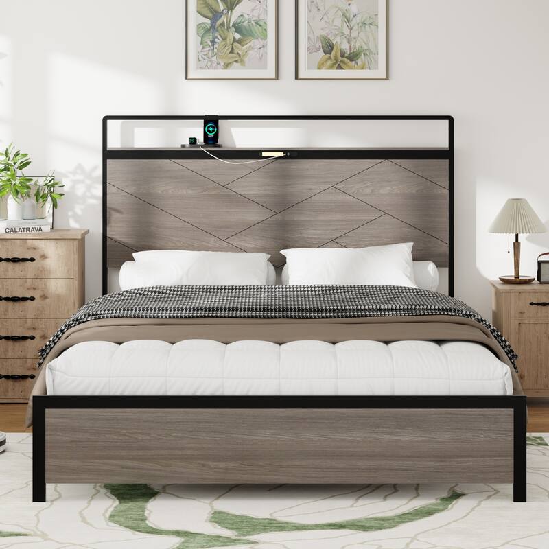 Full Size Wooden Platform Bed Frame with Storage, LED Headboard, USB Ports, Under-Bed Storage, Antique Grey