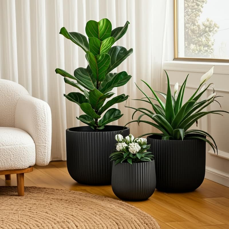 Polyresin Planter Carved Sculptural Design Minimalist Style (Set of 3) - 18" x 18" x 16" - Black