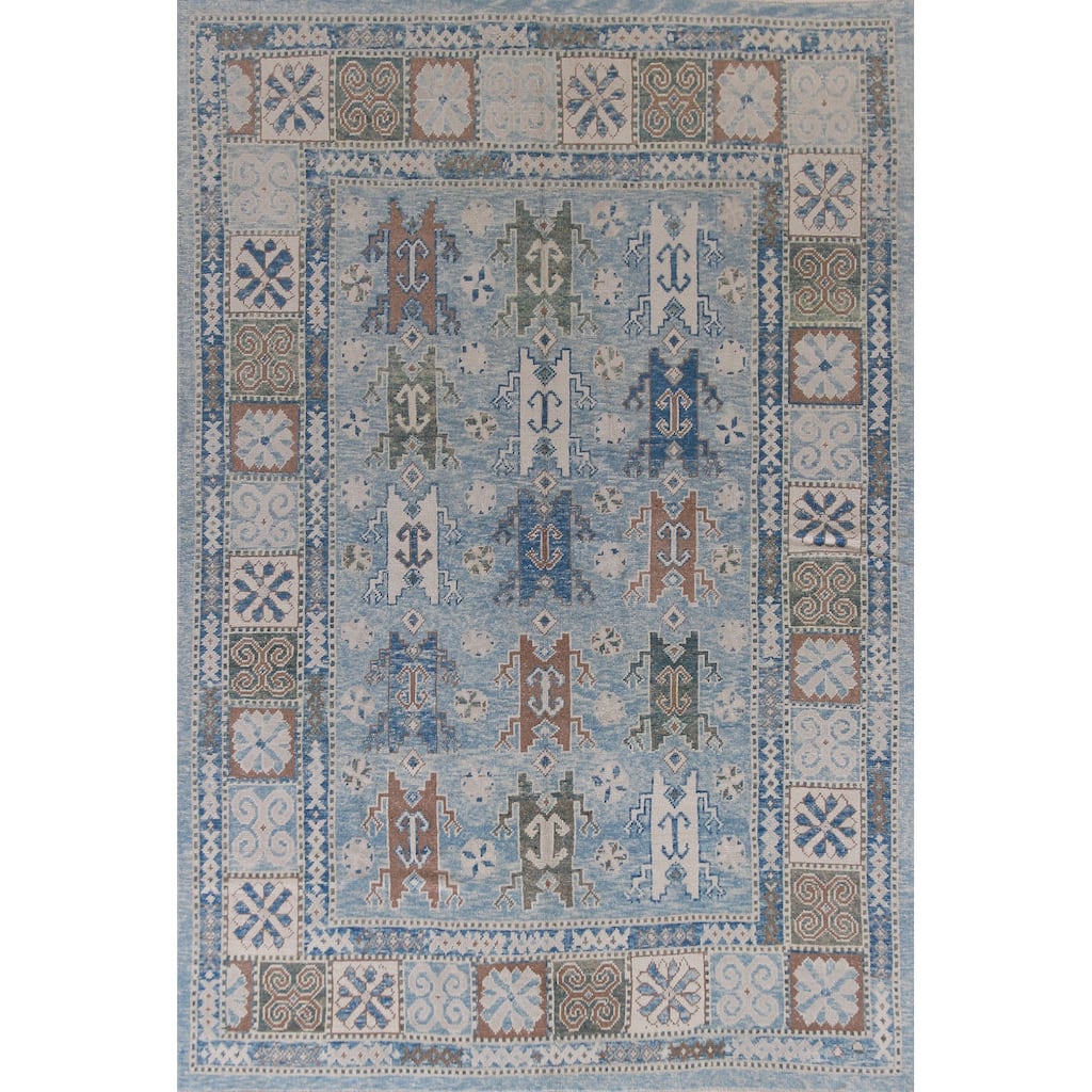 Hand Knotted Oriental 100% Wool Carpet Transitional Geometric Navy Blue & Blues Oushak Area Rug - 11' 2'' X 7' 11''