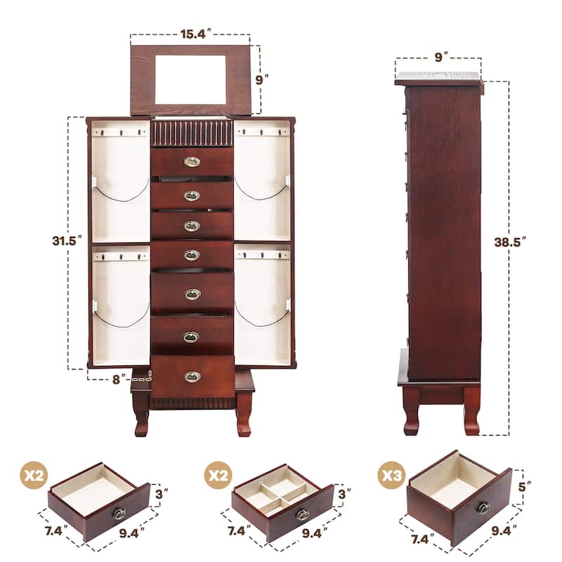 AVAWING Stand Up Jewelry Cabinet with 7 Drawers and 12 Necklace Hooks