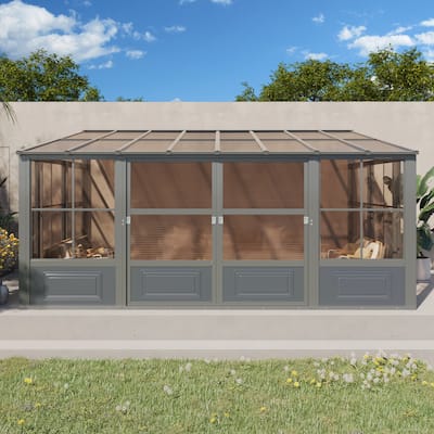 Erommy Wall Mounted Sunroom with Sliding Doors, All-Season Aluminum Patio Gazebo, Outdoor Permanent Sunroom Shelter