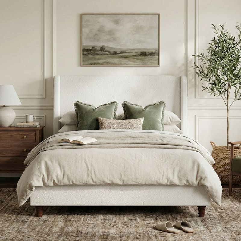 Christopher Knight Home - Modern 52.7" Tall Wingback Boucle Upholstered Platform Bed Frame with Solid Wood Legs & Slat Support - White - King