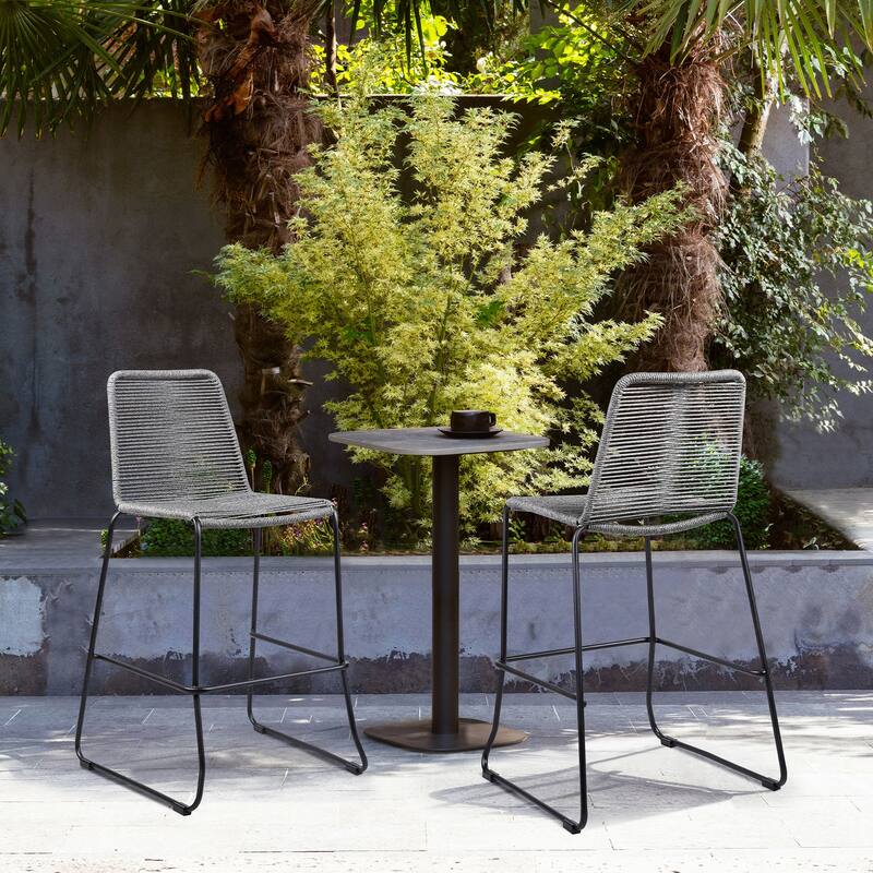 Shasta Black Steel and Rope Indoor Outdoor Bar Height Stackable Patio Bar Stools - Set of 2 - Bar Height