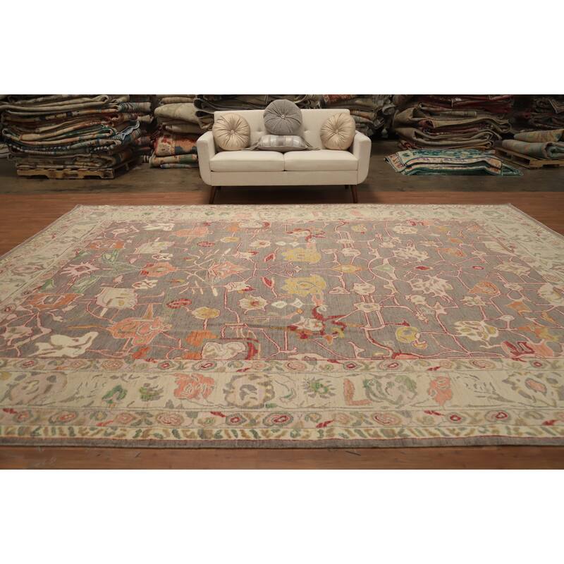Hand Knotted Oriental 100% Wool Carpet Transitional All-Over Greys & Charcoal Oushak Area Rug - 13' 11'' X 10' 6''