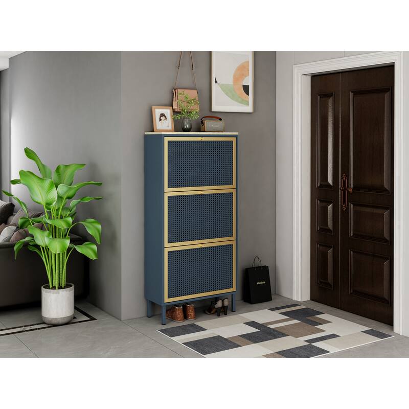 Metal and Rattan Shoe Storage Cabinet