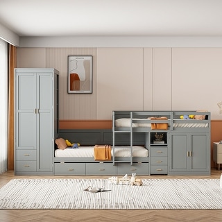 Twin Bunk Bed with Trundle, Desk, Wardrobe & Drawers - Multi-Functional Bed, Grey
