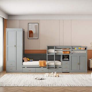 Versatile Twin Size Bunk Bed with Trundle and Wardrobe, Wooden Frame Guardrail Bed with Desk & Drawers, Cabinet