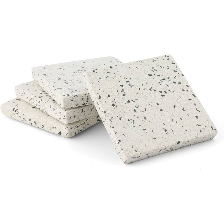 4 Pack White Natural Terrazzo Coasters with Protective Cork Backing 4" Square Attractive Absorbent Easily Wipes Clean