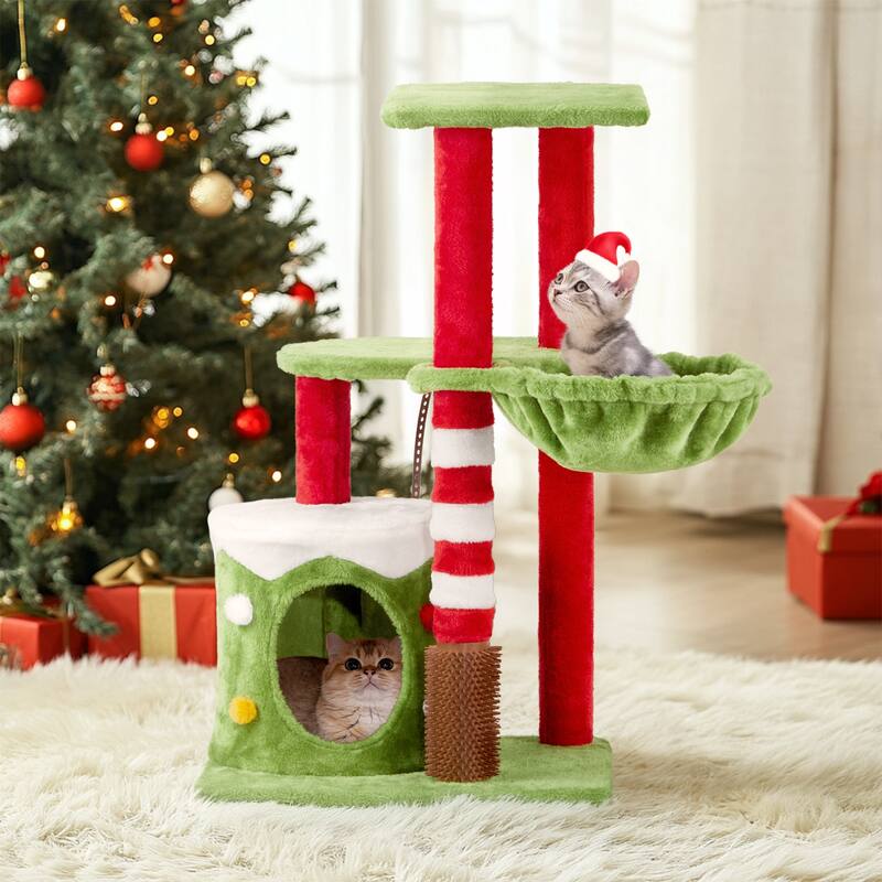Cat Scratching Posts Tower With Cat Condo And Hammock, Christmas Themed Plush Cat Tree With Cat Massage Brush
