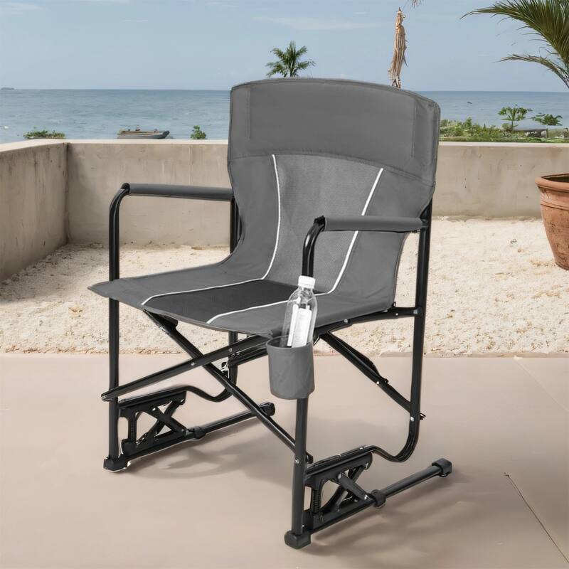 Outdoor Portable Folding Rocking Chair with Armrests and Drink Holder