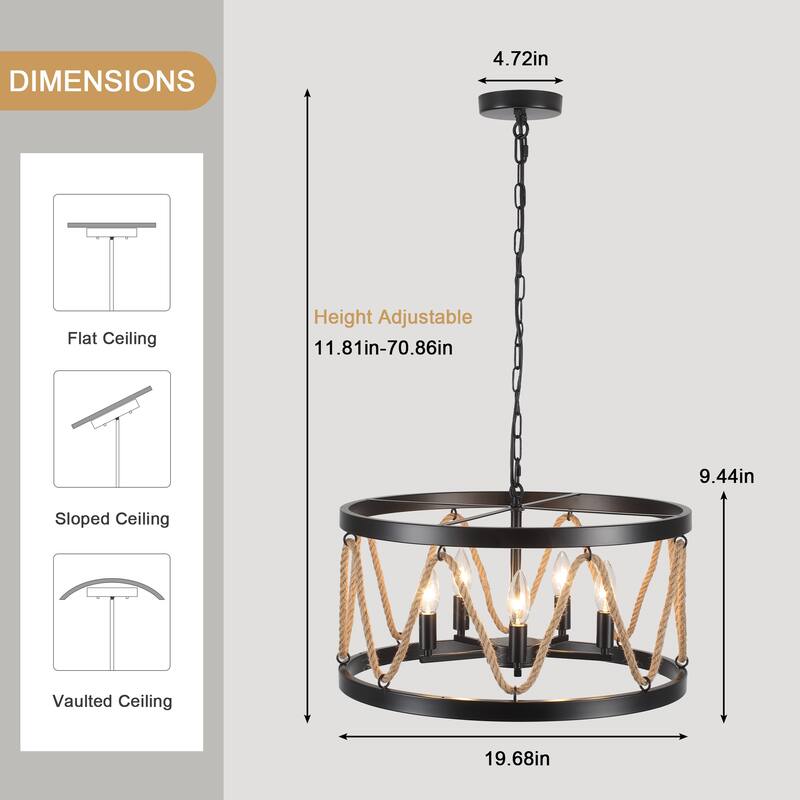 5-Light Hemp Rope Candlestick Hanging Linear Chandelier Lighting with Cloth Cover for Kitchen Island