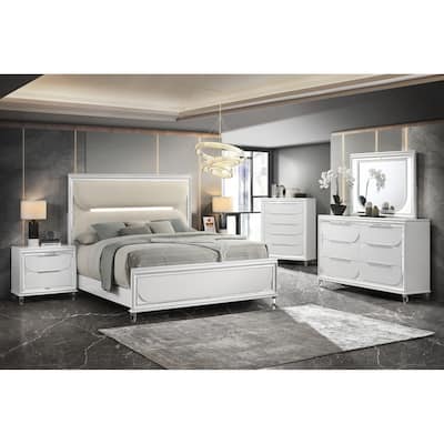 Rebecca White LED Upholstered Panel Bed