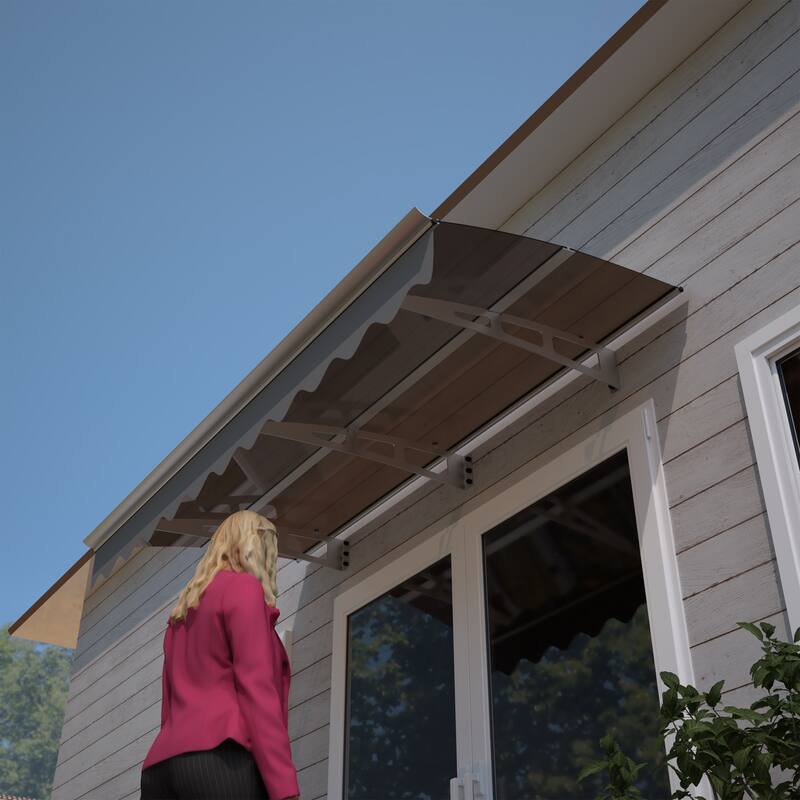 79x34 Inch Window Awning with Aluminum Bracket, Polycarbonate Roof, and Valance for Wooden Wall