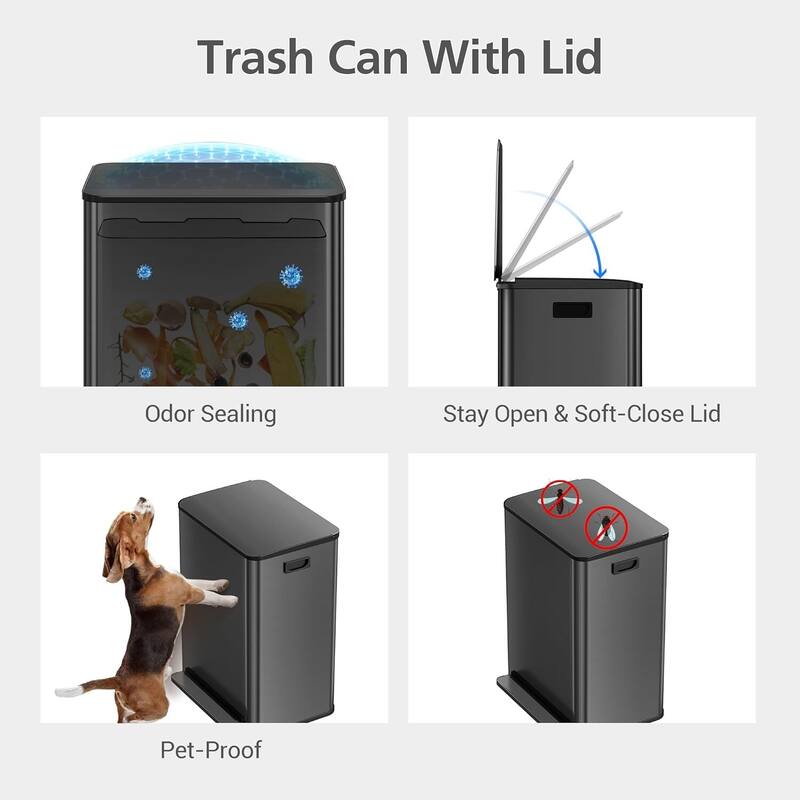 Dual Compartment Trash Can, 2 x 8 Gallon Stainless Steel Recycling Bin, Kitchen Office Waste Bins - Black
