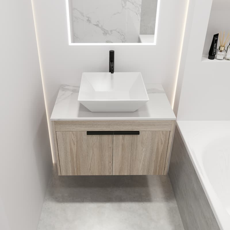 30"Modern Design Float Bathroom Vanity with Ceramic Basin Set,Wall Mounted White Vanity with Soft Close Door