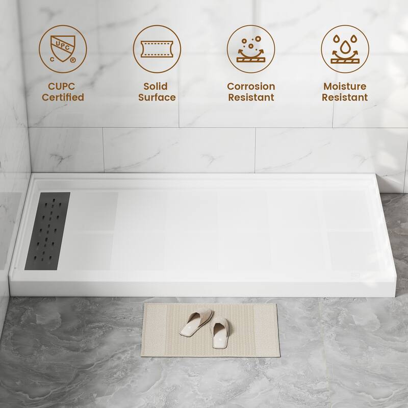 60 in. x 32 in. Elegant White Single Threshold Anti-slip SMC Rectangular Shower Base with Drain and Stainless Steel Drain Cover