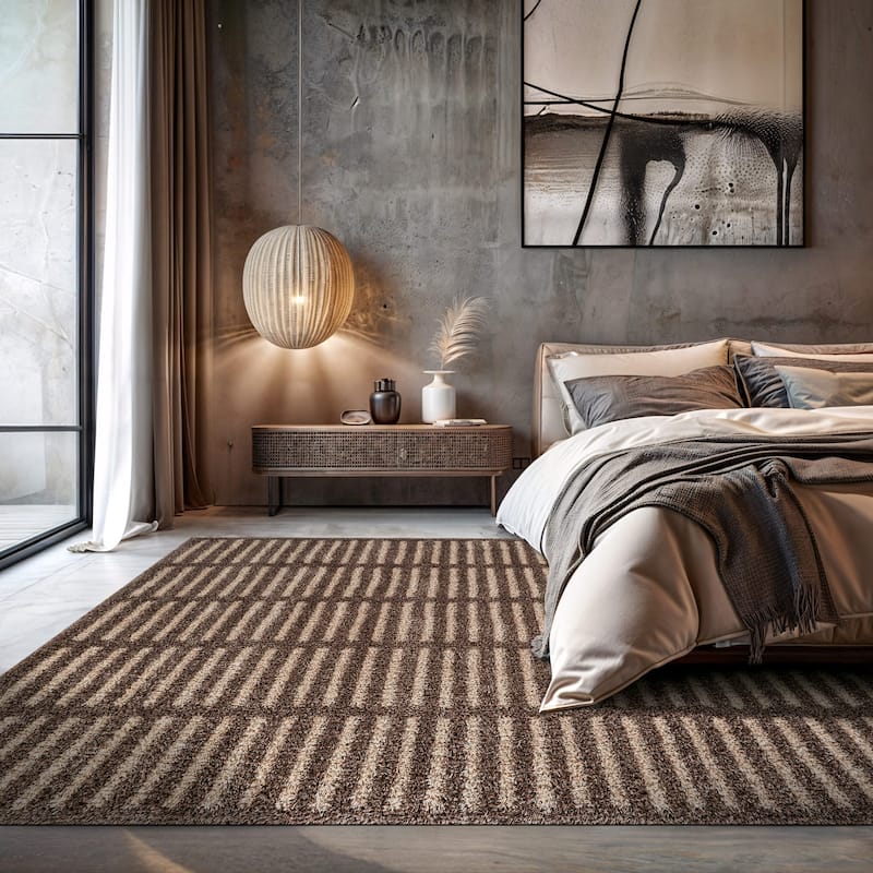Bohemian Stripe Lines Shag Rug - Textured Surface - Anthracite Dark Gray - Easy to Clean