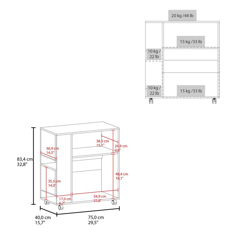 White Kitchen cart with Microwave Shelf and Open Storage