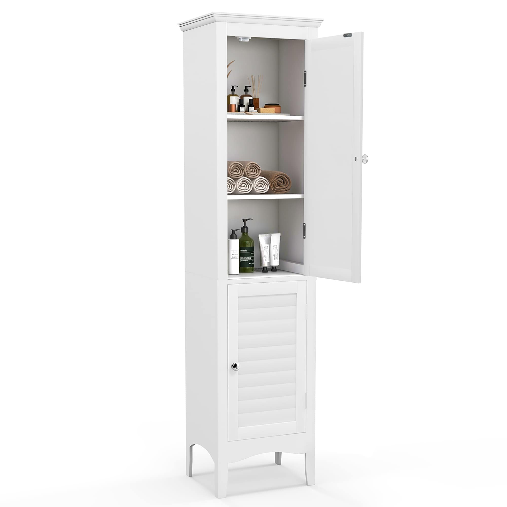 Spirich Home Tall Narrow Storage Cabinet, Bathroom Floor Slim Cabinet with  Glass Doors, Freestanding Linen Tower, White