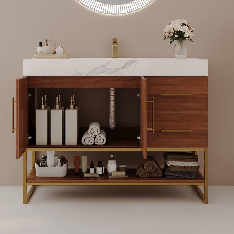 36" Modern Bathroom Vanity with Seamless Ceramic Sink & Gold Accent Free Standing Cabinet