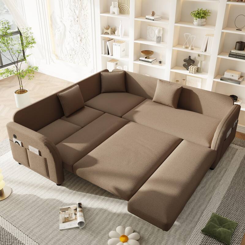 85" L-Shaped Convertible Sleeper Sofa with Pull-Out Bed, Teddy Upholstery & USB Ports