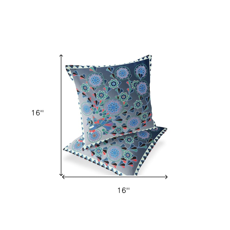 HomeRoots Set of Two 16" X 16" Blue and White Peacock Blown Seam Floral Indoor Outdoor Throw Pillow - 16.00' X '16.00' X '5.00