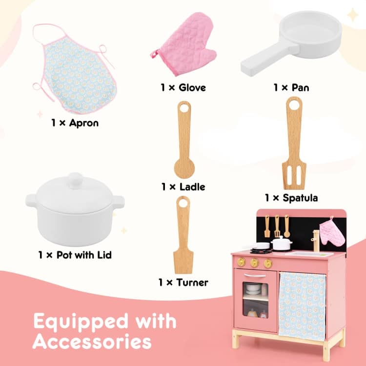 Pink Solid Wood Kids Kitchen Playset with Accessories and Storage - 21" × 11.5" × 29"