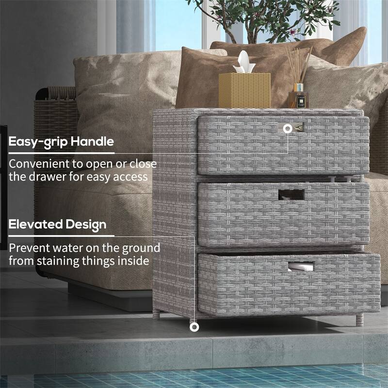 Grey PE Rattan Outdoor Storage Cabinet with 3 Drawers and Steel Frame - 23.5" W x 19.75" D x 32.25" H