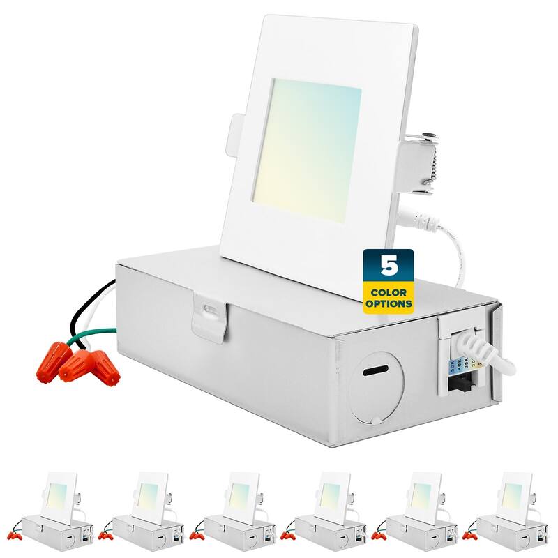 Sunperian 3 inch Square Ultra-Thin LED Recessed Light J-Box 5 Color Options 8W 540 Lumens Dimmable Wet Rated 6 Pack - Color Temperature Selectable 27K/30K/35K/40K/50K