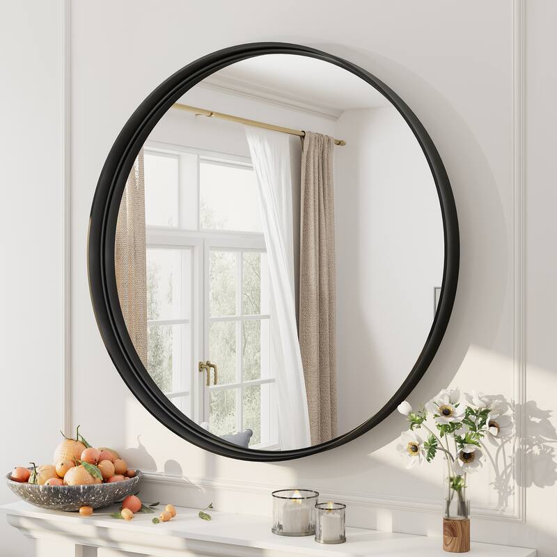 Round Tempered Glass and Metal Framed French Cleat Mounted Wall Bathroom / Vanity Mirror - 32" x 32" - Black