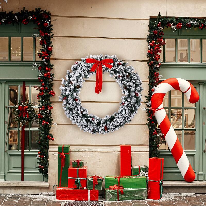 Pre-lit Snow Flocked Christmas Wreath, Lighted Artificial Xmas Wreath with Lights and DIY Ornaments, for Xmas Party Decorations - 60in