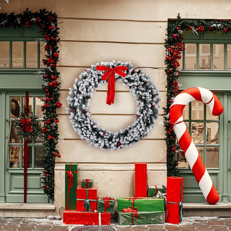 Pre-lit Snow Flocked Christmas Wreath, Lighted Artificial Xmas Wreath with Lights and DIY Ornaments, for Xmas Party Decorations