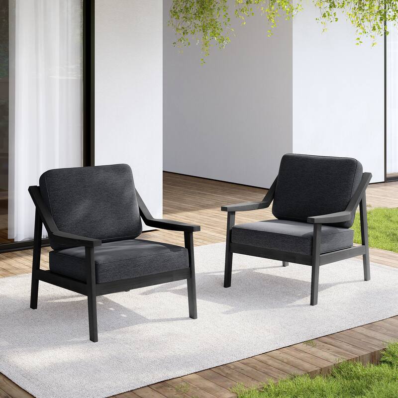 Set of 2 Outdoor Teak Wood Patio Chair with Cushion - Dark Wood - Dark Grey