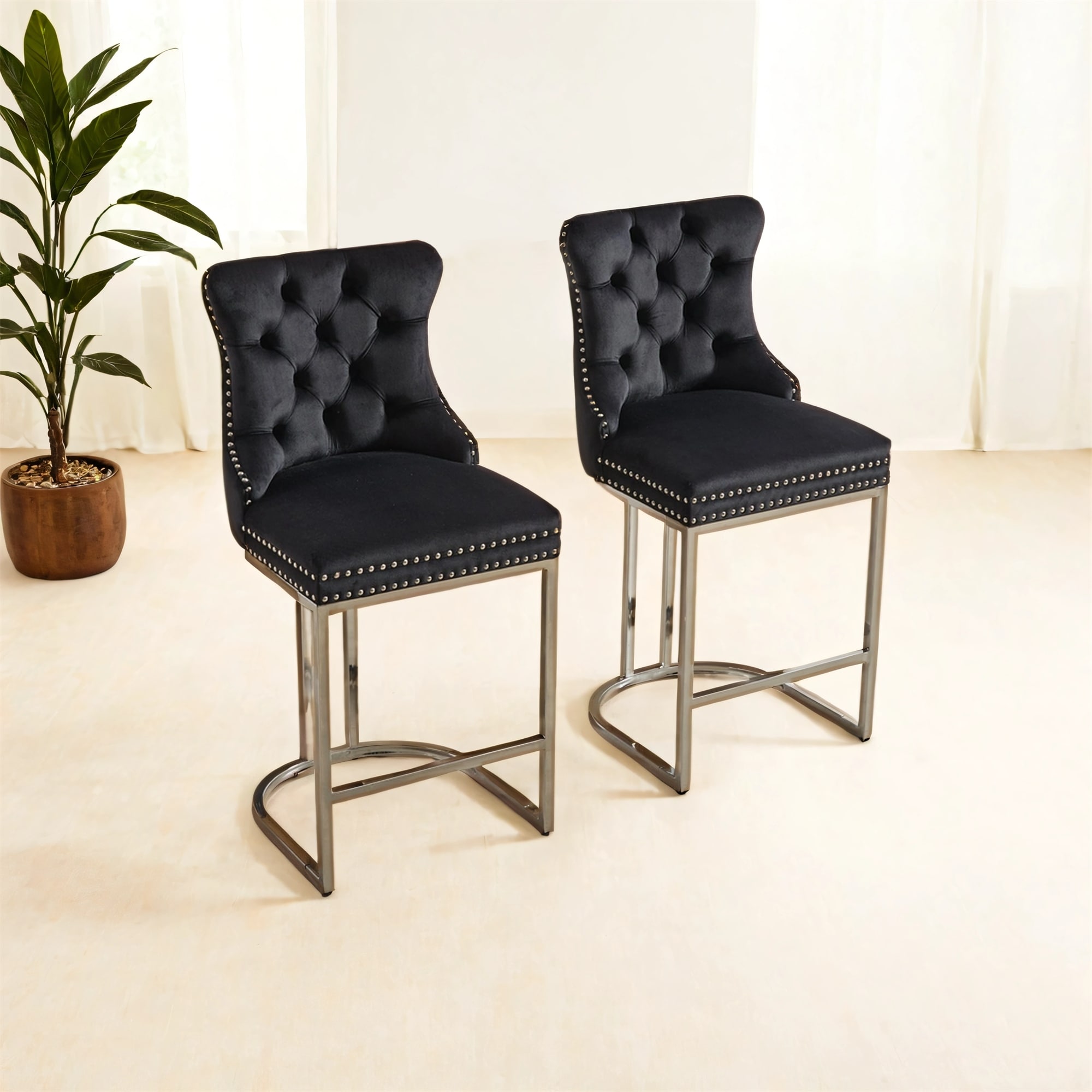 Set of 2 Modern 25 Inch Counter Bar Stools Velvet Upholstered Button Back Chrome Legs