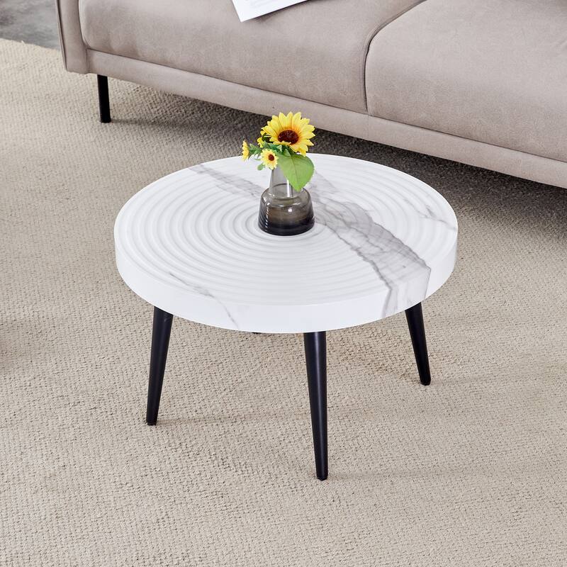 Marble Pattern Round Coffee Table,Exquisite Suction Molding Process,Marble Pattern Design,Black Sprayed Metal Leg