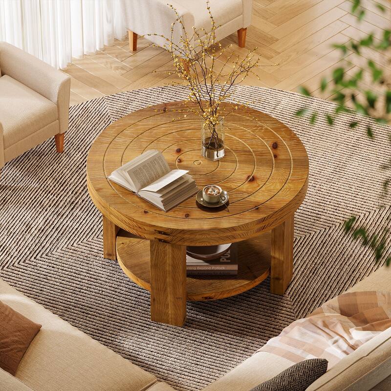 2-Tier Round Coffee Table, 31.5" Farmhouse Solid Wood Coffee Table