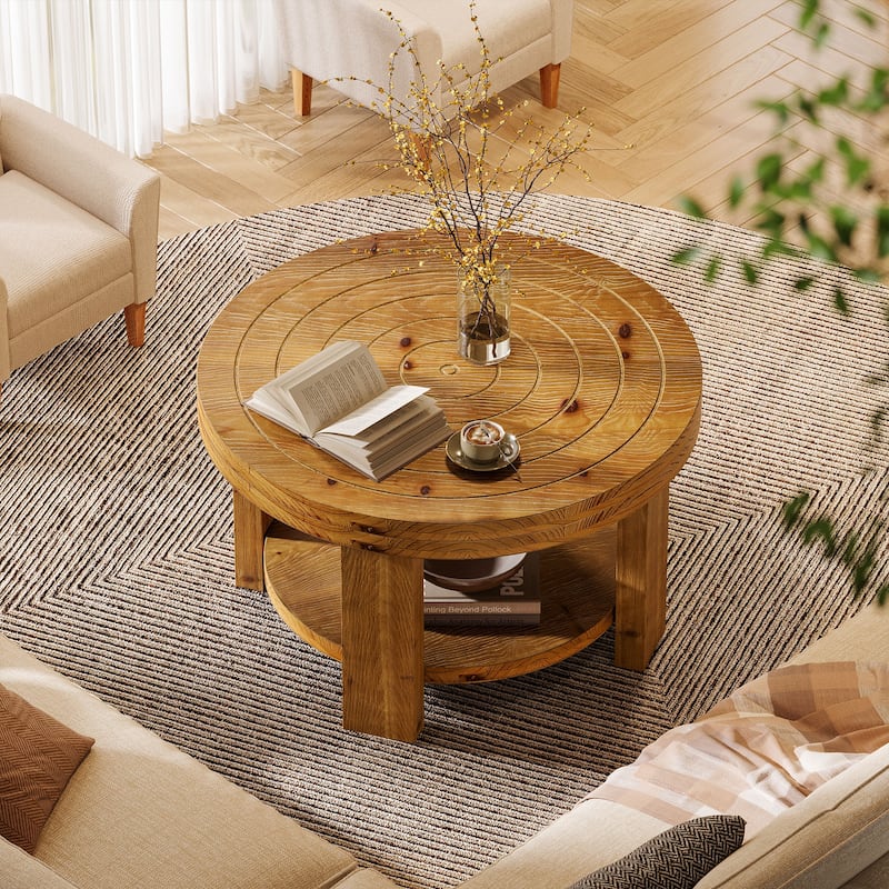 Solid Wood Coffee Table with Shelf Storage, Living Room Center Accent Tea Table
