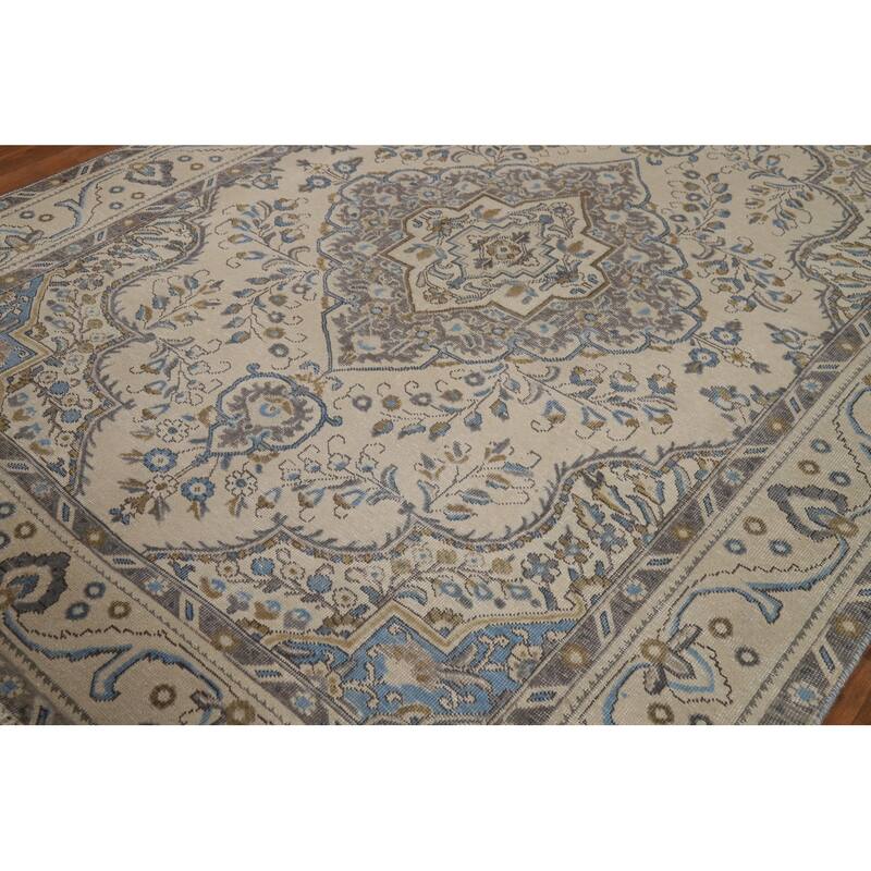 Tabriz Persian Area Rug Traditional Beige Handmade Wool Carpet - 6'9"x 9'1"