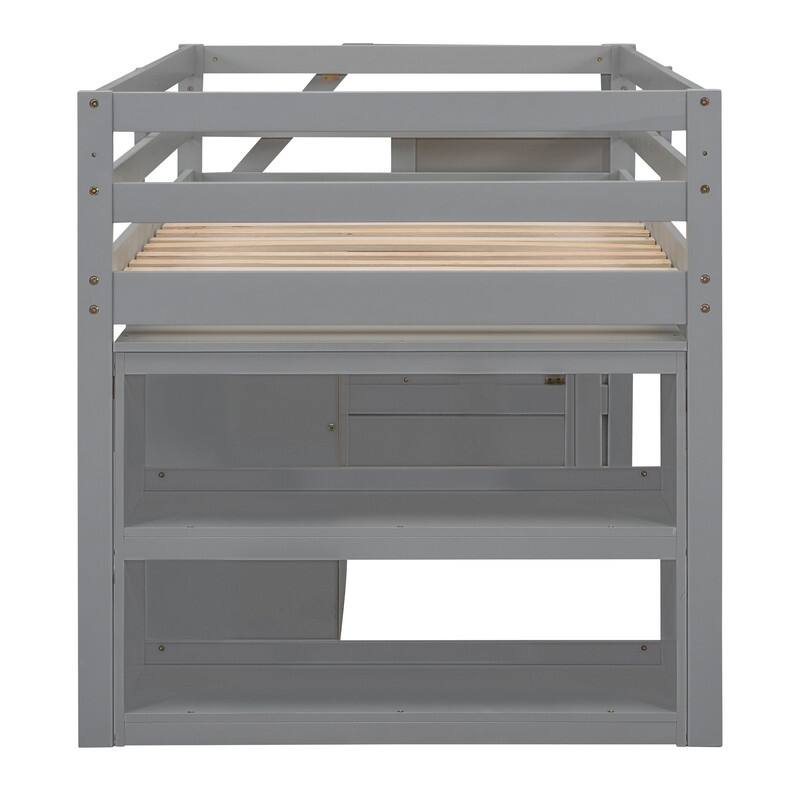 Twin/Full Size Loft Bed with Retractable Writing Desk and 3 Drawers, Wooden Loft Bed Frame w/ Storage Stairs & Shelves for Kids