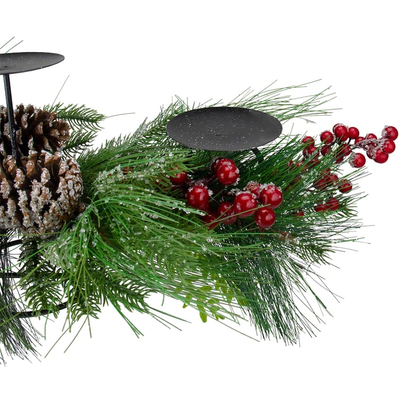 32" Iced Mixed Pine, Berries Pine Cones Christmas Pillar Candle Holder