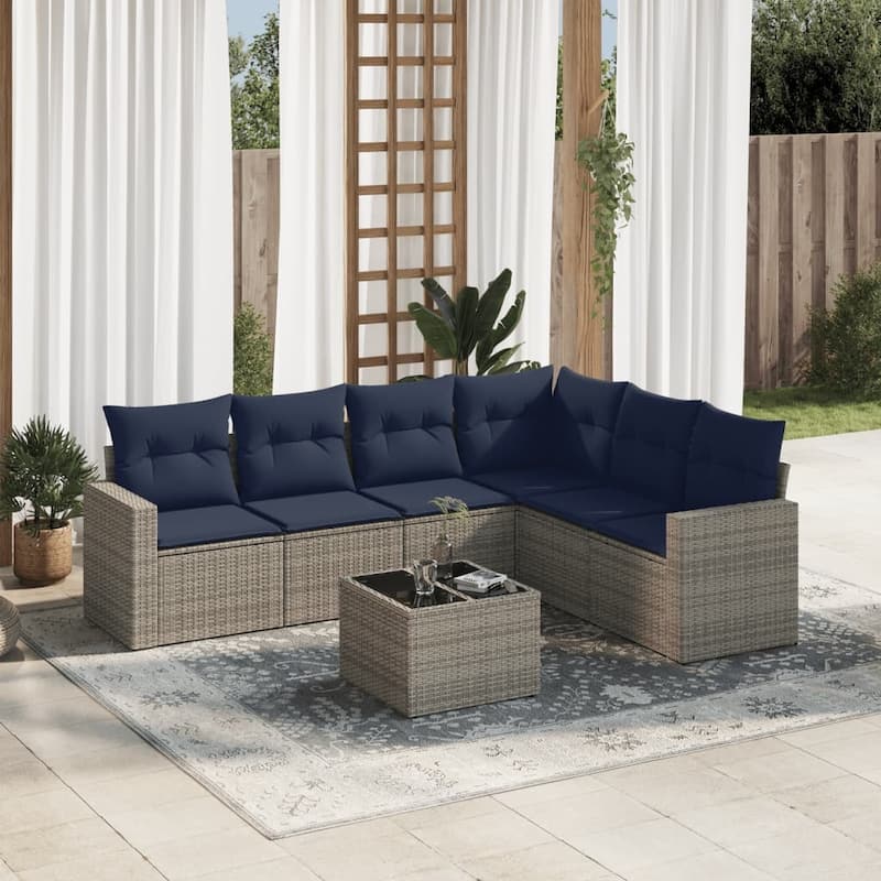 vidaXL Patio Sofa Set with Cushions Outdoor Conversation Furniture Poly Rattan - 25.8" x 24.4" x 27.2" - Beige and gray with table