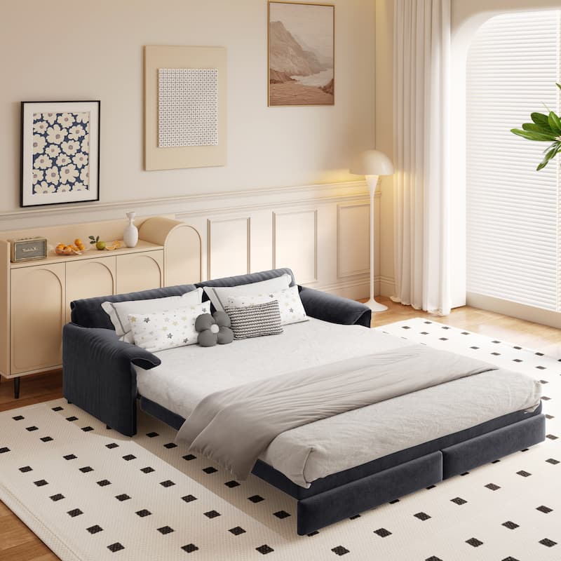 Pull Out Sofa Bed, 3-in-1 Convertible Sleeper Sofa with Side Storage, Velvet Loveseat Bed Chaise Sofa