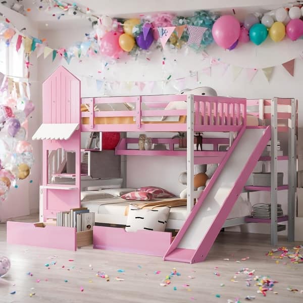 slide 2 of 40, Full-Over-Full Castle Style Bunk Bed with 2 Drawers 3 Shelves and Slide Pink