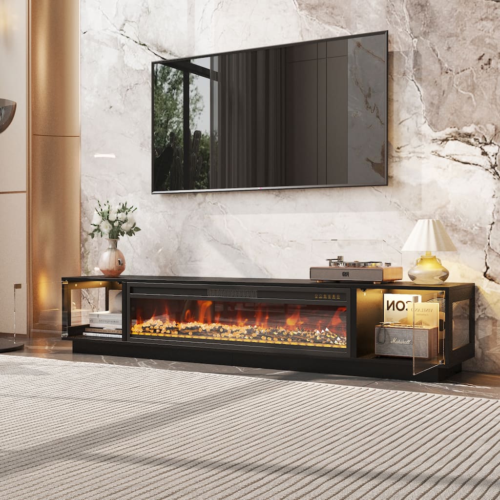 Modern Black Fireplace TV Stand Combo,Remote Fireplace Heater,2 Drawers,Light Strip & USB